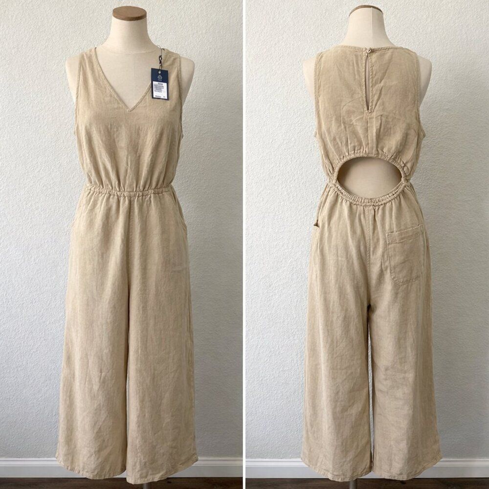 Universal Thread Linen Blend Wide Leg Jumpsuit XS Beige Open Back Keyhole NWT